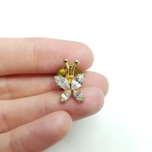 Vintage Rhinestone Butterfly Pin, Gold Tone Setting Brooch, Sparkle Bug Insect - Picture 2 of 4